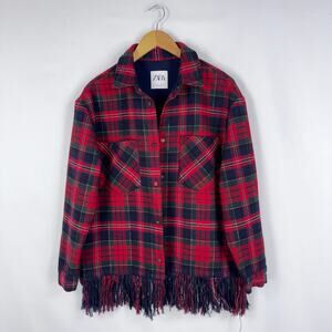 Zara Metallic Plaid Fringe Shacket Jacket Women's Small Red Navy Blue